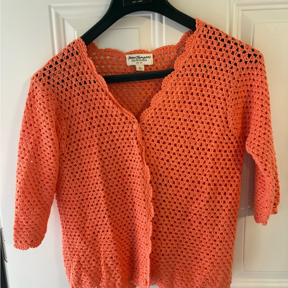 Norm Thompson Coral Crochet V-Neck Cardigan